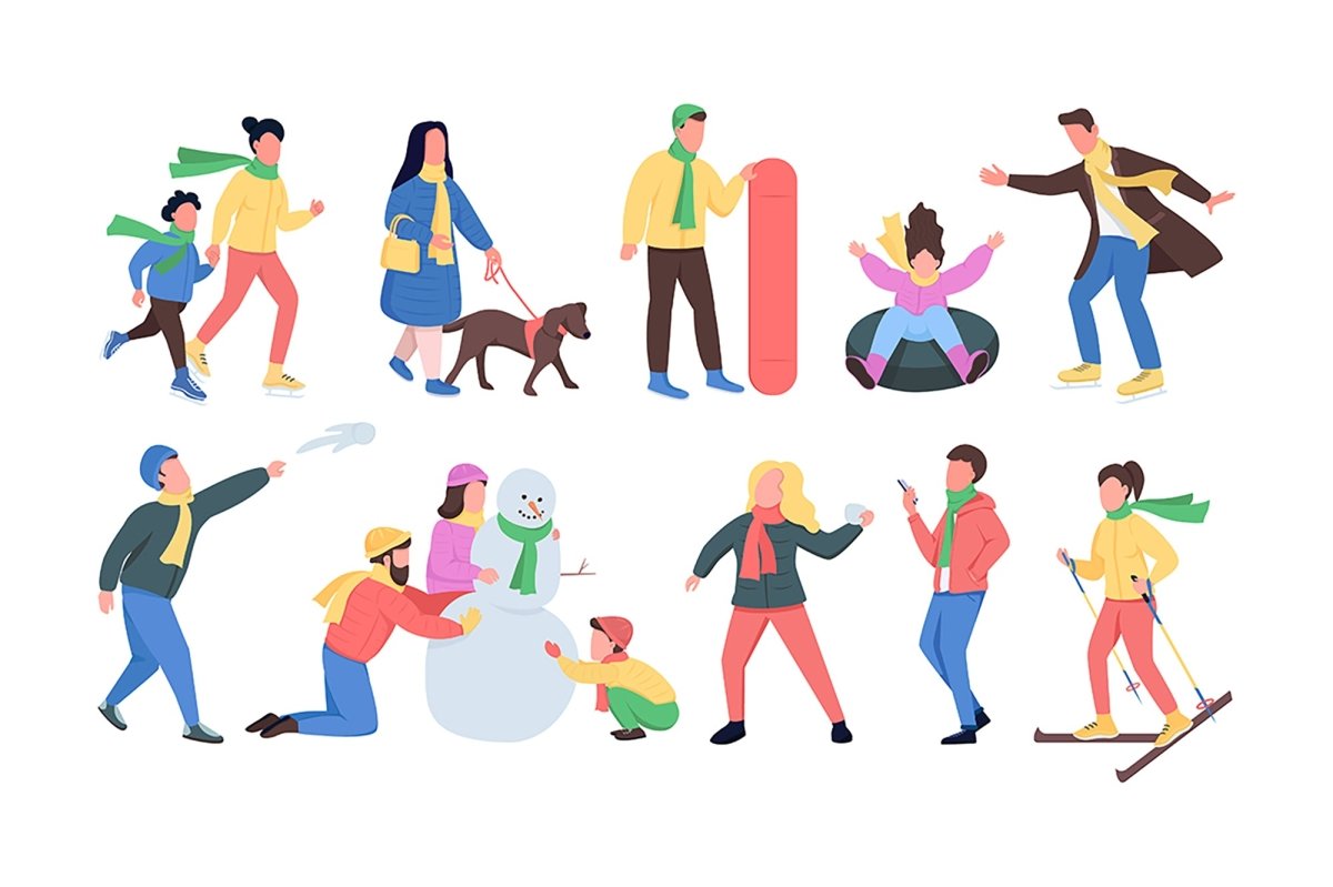 Winter time semi flat color vector character set