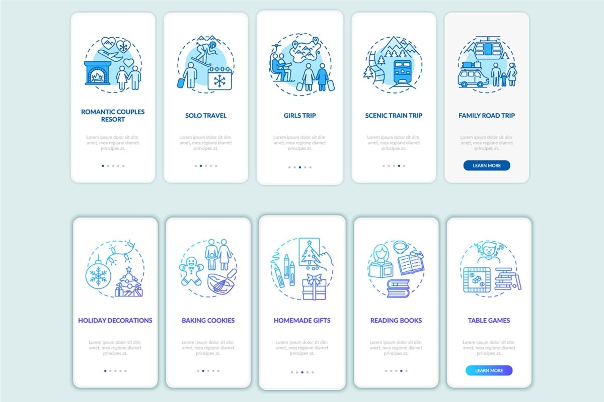 Winter vacation ideas and places onboarding mobile app page screen bundle