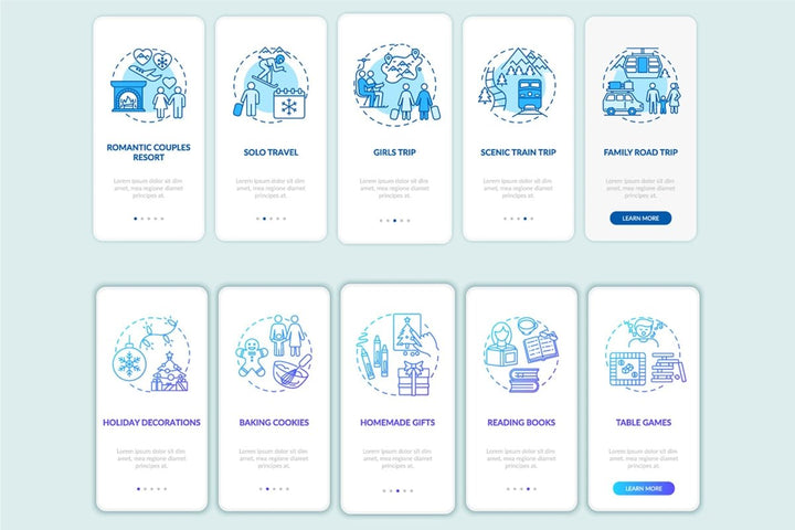 Winter vacation ideas and places onboarding mobile app page screen bundle