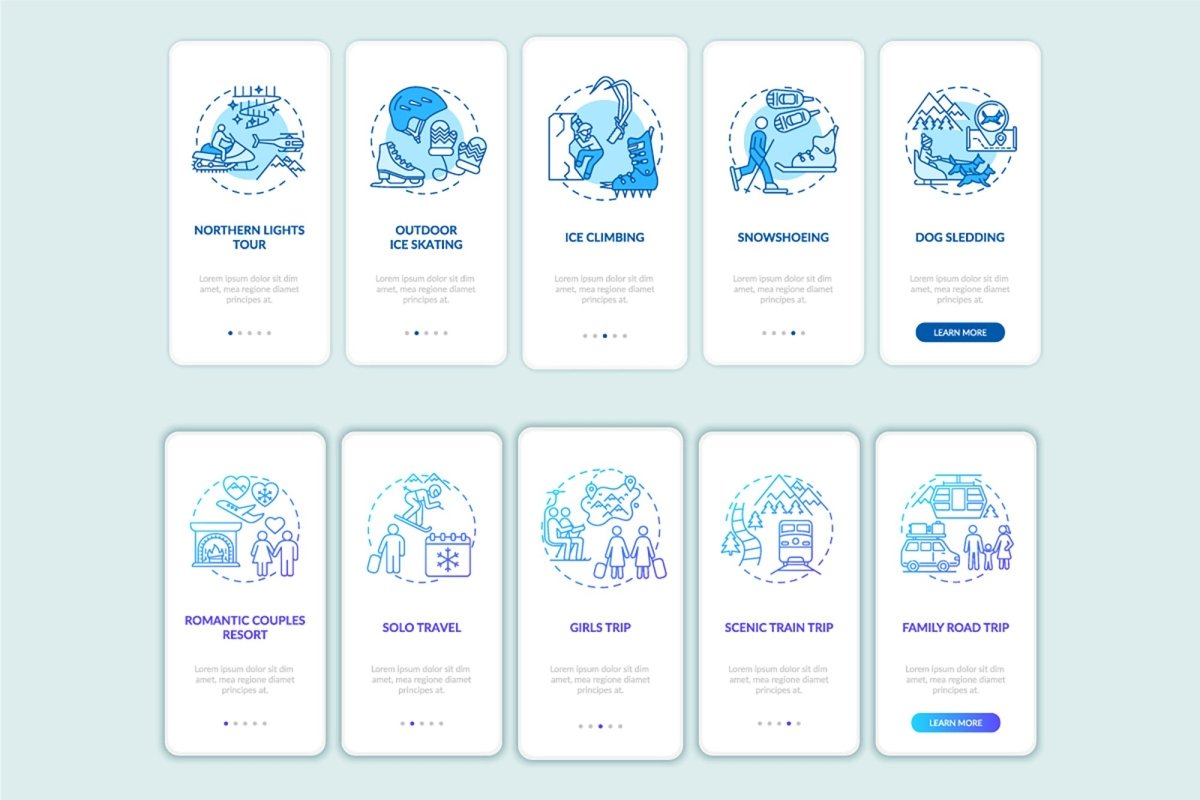 Winter vacation ideas and places onboarding mobile app page screen bundle