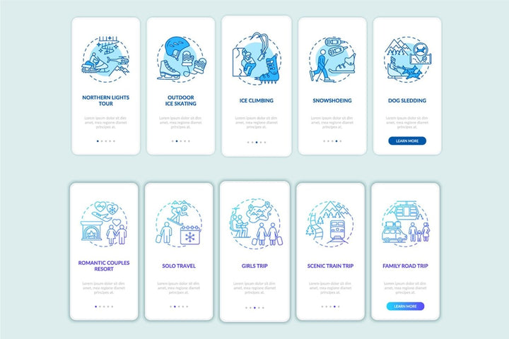 Winter vacation ideas and places onboarding mobile app page screen bundle