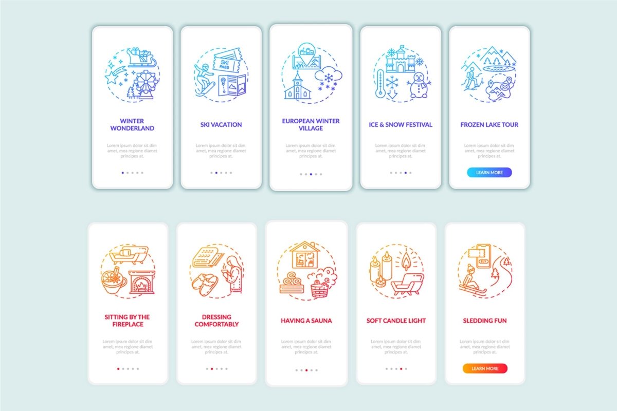 Winter vacation ideas and places onboarding mobile app page screen bundle