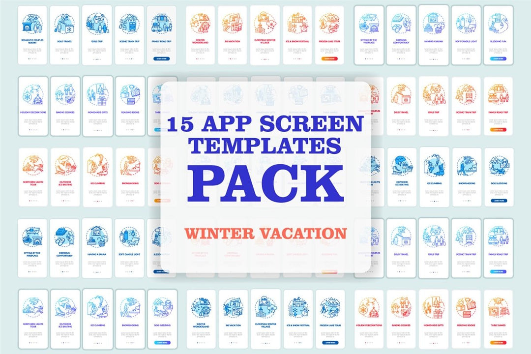 Winter vacation ideas and places onboarding mobile app page screen bundle