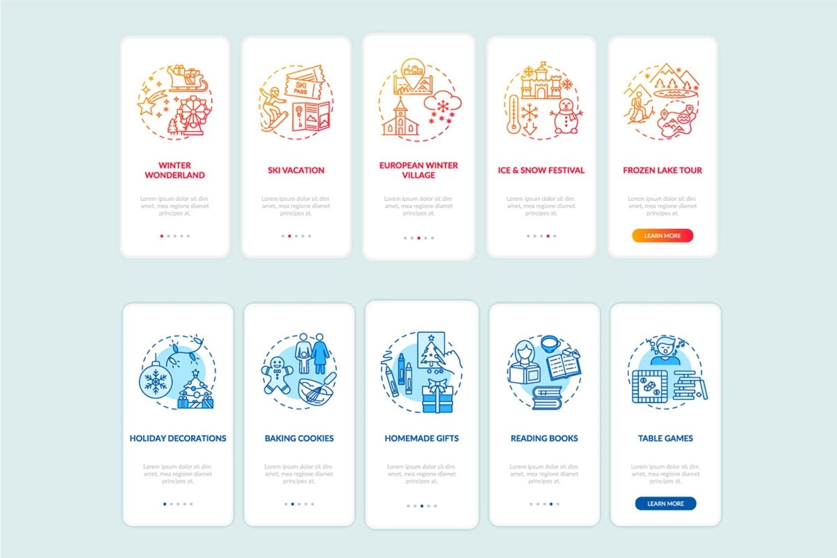Winter vacation ideas and places onboarding mobile app page screen bundle