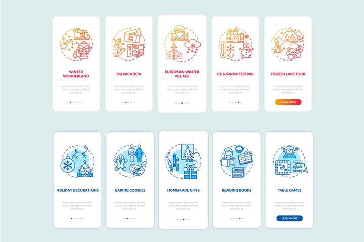 Winter vacation ideas and places onboarding mobile app page screen bundle