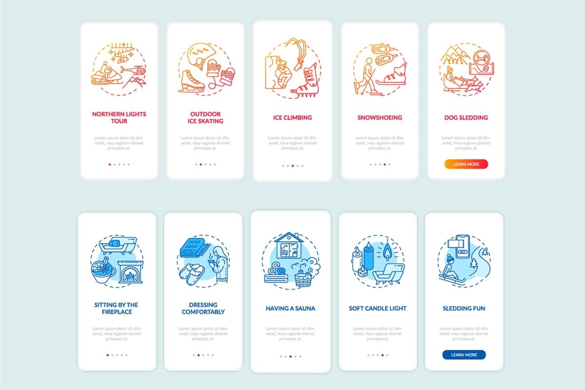 Winter vacation ideas and places onboarding mobile app page screen bundle