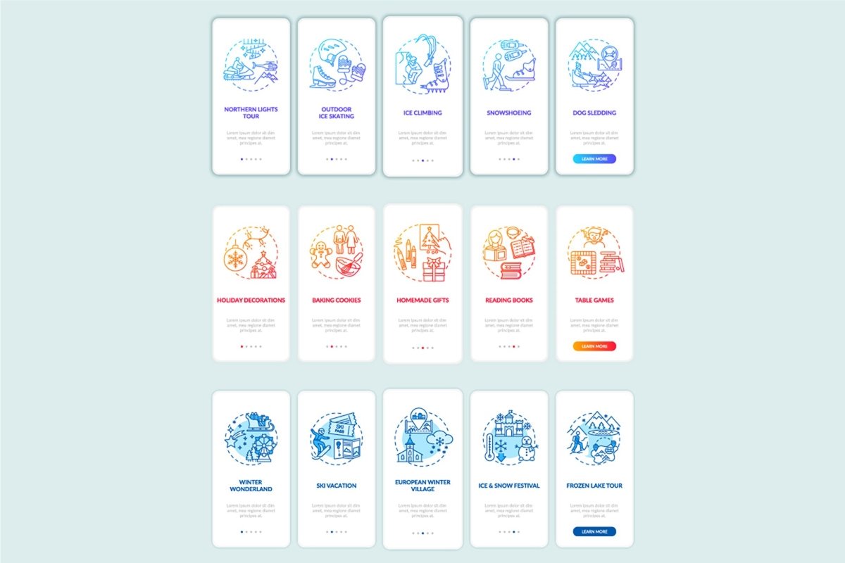 Winter vacation ideas and places onboarding mobile app page screen bundle