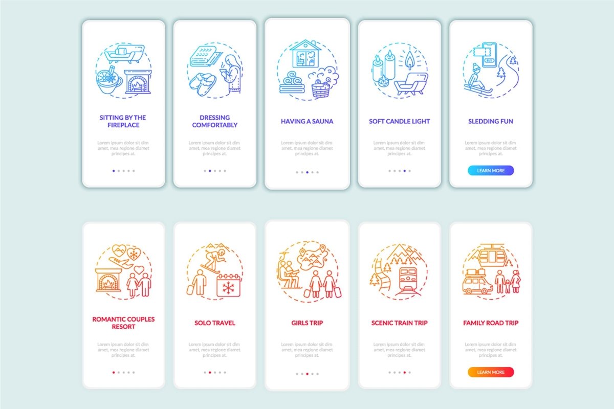Winter vacation ideas and places onboarding mobile app page screen bundle