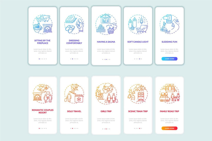 Winter vacation ideas and places onboarding mobile app page screen bundle