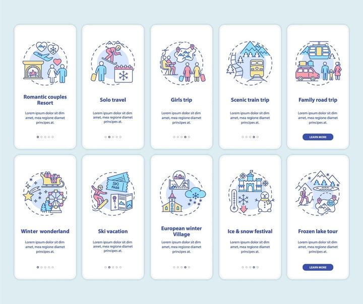 Winter vacation ideas and places onboarding mobile app page set