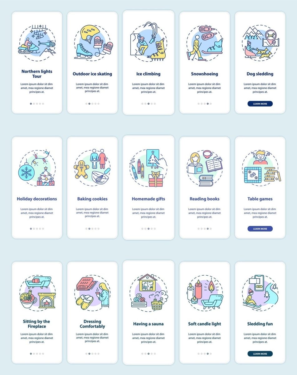 Winter vacation ideas and places onboarding mobile app page set