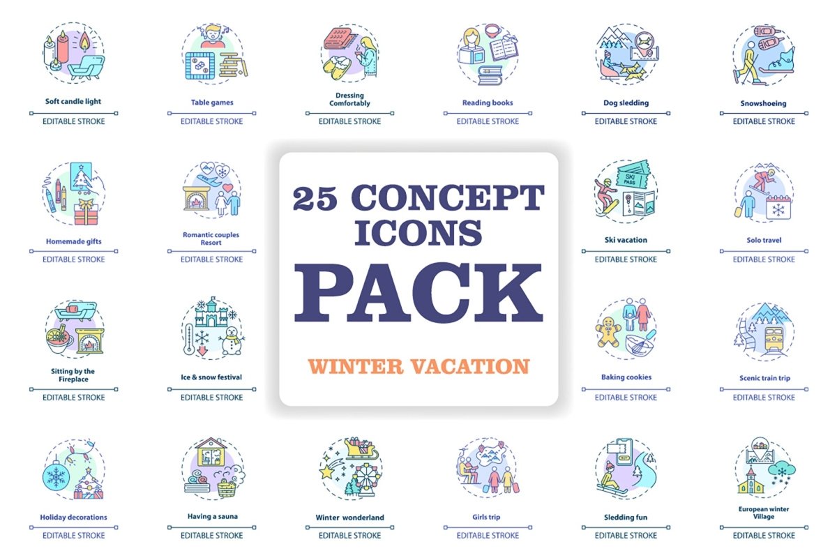 Winter vacations concept icons set