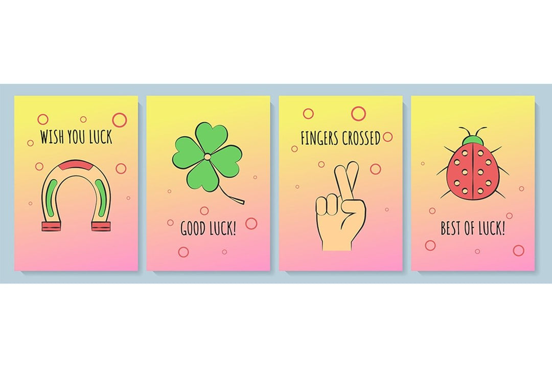 Wishing luck greeting card with color icon element set