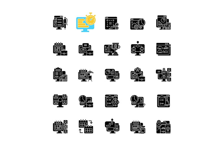 Work monitoring black glyph icons set on white space