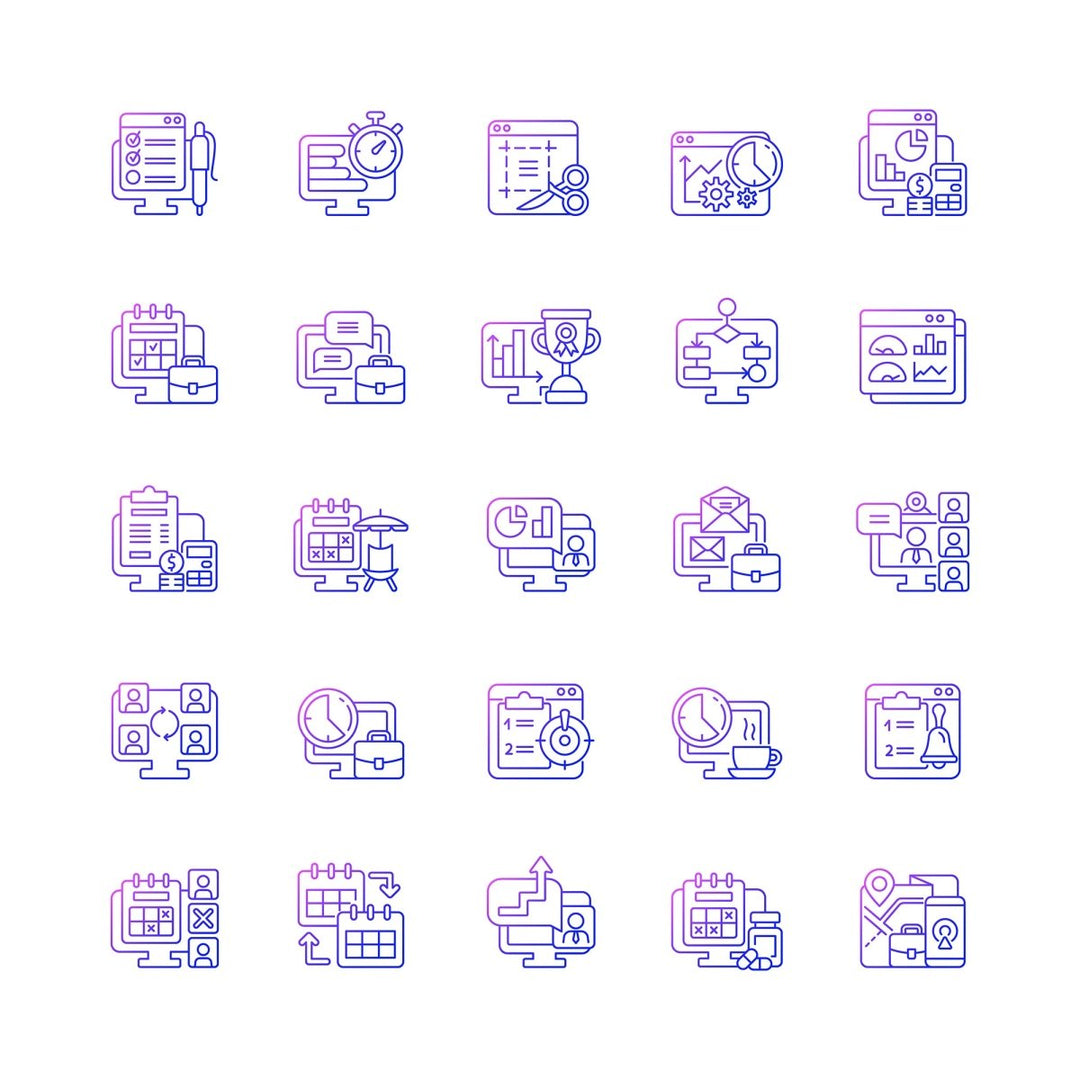 Work monitoring gradient linear vector icons set