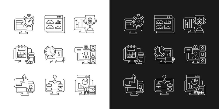 Work monitoring linear icons set for dark and light mode