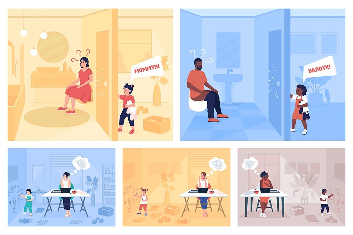 Working mom stress flat color vector illustration set