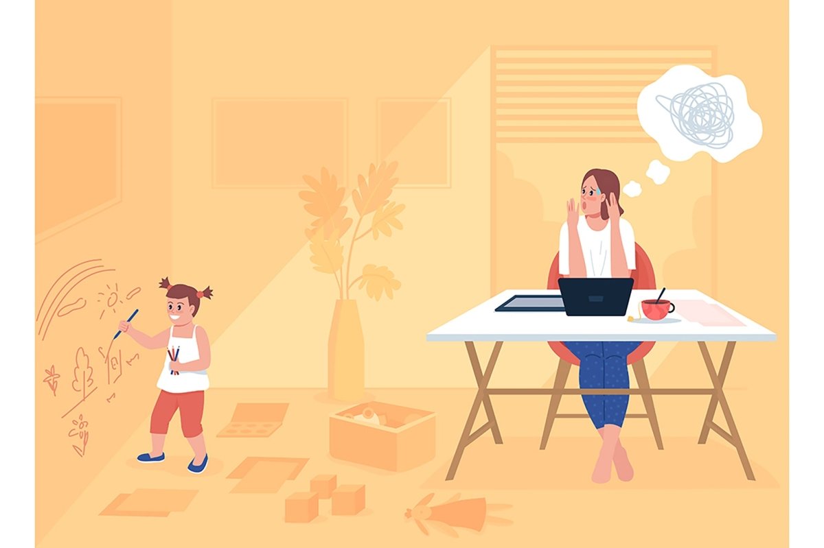 Working mom stress flat color vector illustration set